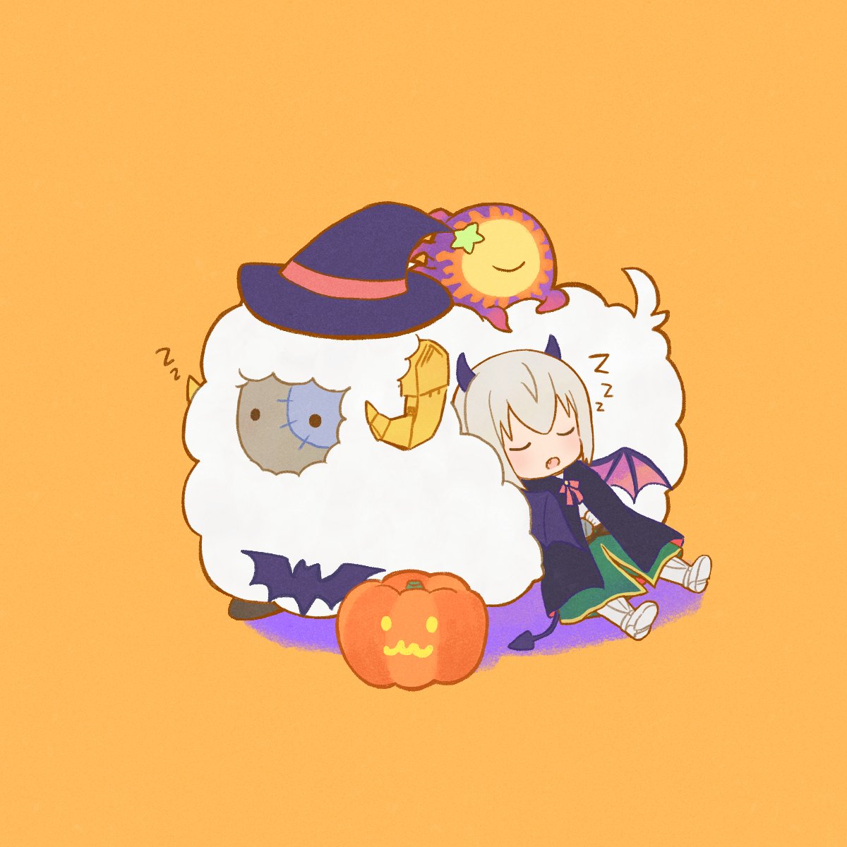 sleeping zzz horns hat orange background witch hat wings  illustration images