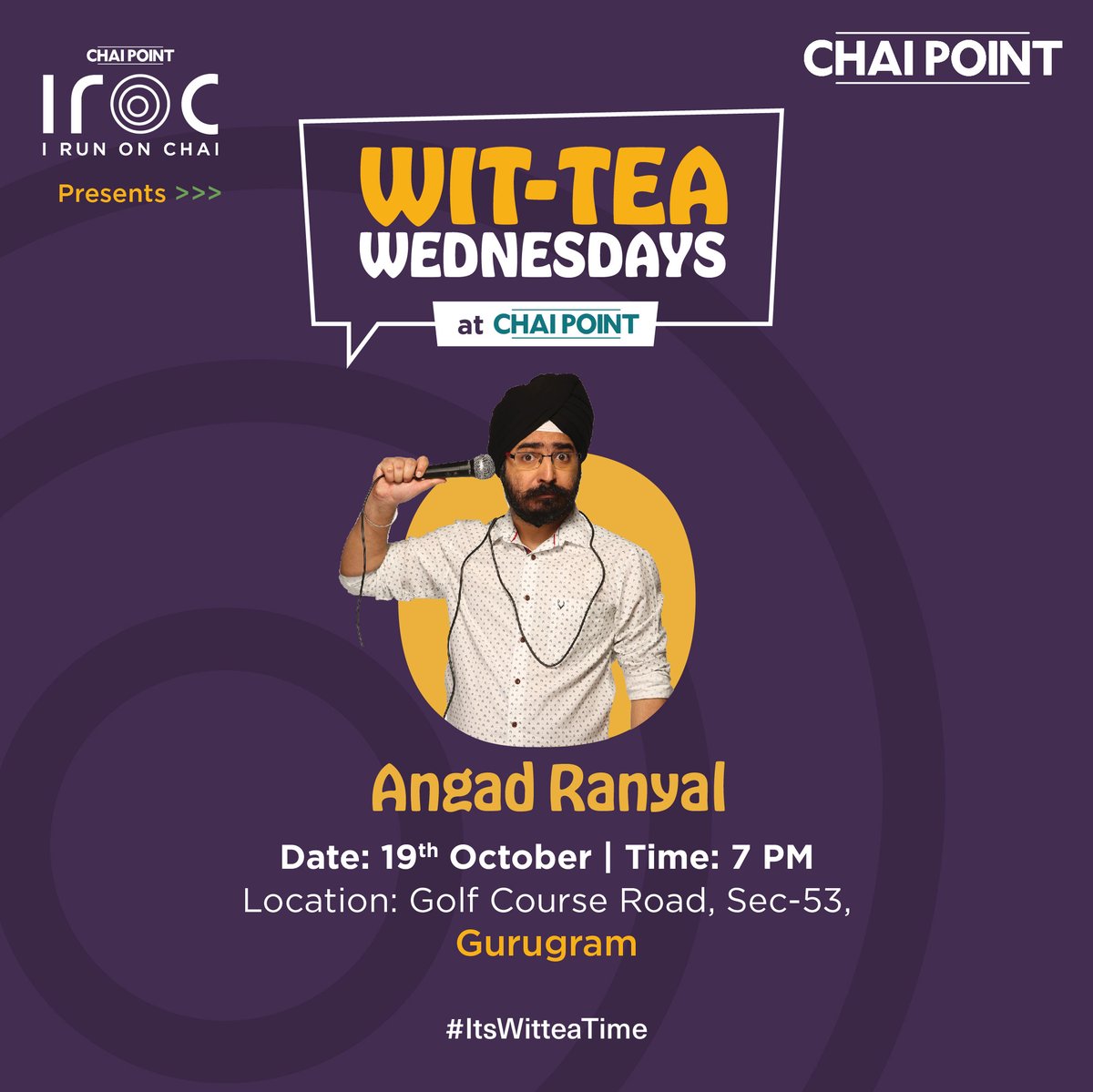 IRunOnChai's tweet photo. Laughter alert, Gurgaon waalon!

Time to get Wit-Tea with Angad Ranyal this Wednesday, 19th Oct at 7pm at our Golf Course Road store🥳

Entry is #free but we have limited seats &amp; entry is on a 1st come, 1st serve basis☕

@PiratedSardar @Chai_Point 

#irunonchai #witteawednesdays https://t.co/jJxvC0mDPH