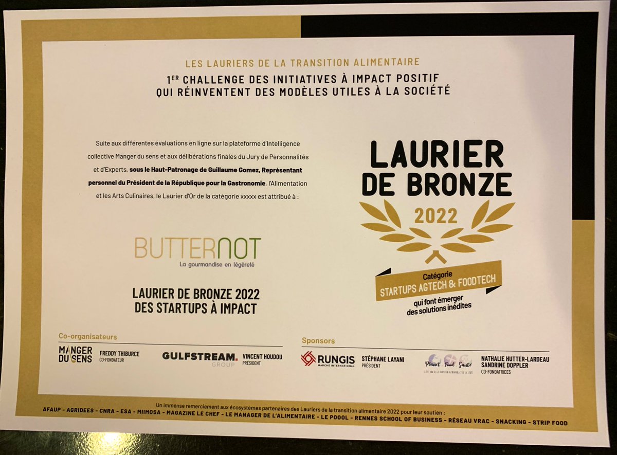 LMuniglia's tweet photo. Nouvelle distinction pour Butternot, lauréat de bronze des lauriers de la transition alimentaire, catégorie start’up !
#Butternot #ENSAIA #UHA #FMA #ENSAD #IAEMetz #TransitionAlimentaire #Innovation
Remise des prix au SIAL 2022 #SIALParis
Bravo à toute l’équipe ! 🍾🥂 https://t.co/4i34ywoymU