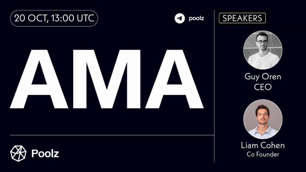 👋 We are happy to share that Poolz CEO Guy Oren and CMO & Co-founder Liam Cohen will conduct a live AMA In Poolz TG Main Channel on Thursday 20th Oct at 13:00 UTC Main topic will be Poolz important updates in todays sensitive market condition AMA Venue: t.me/PoolzOfficialC…