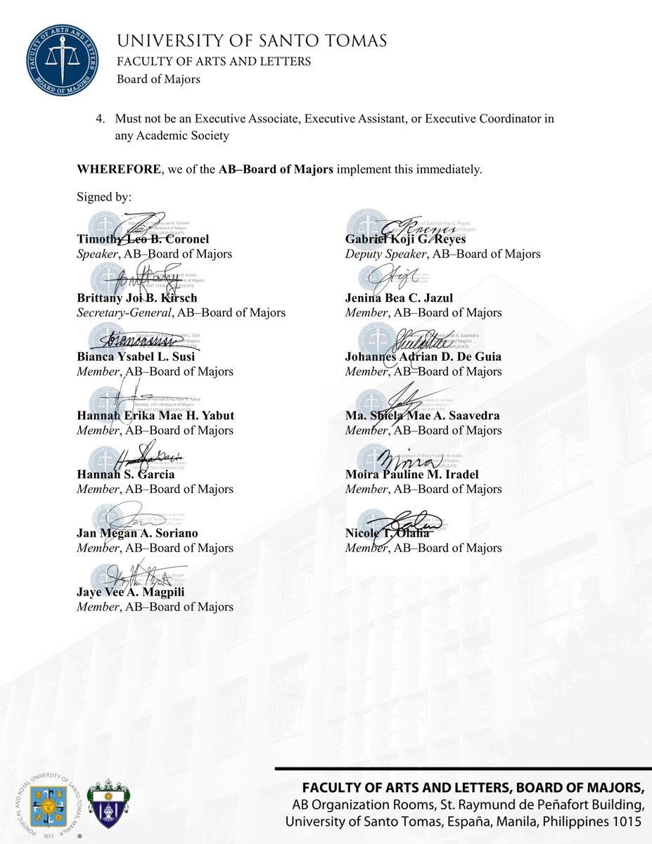 UST-AB-BOM-RESO-02-22-23 

RE: Board of Majors (BOM) Resolution No. 2 for A.Y. 2022-2023 

The BOM Resolution No. 2 regarding Petition Letters to Amend the Artlets Student Council Constitution

Signed October 18, 2022 by the UST AB Board of Majors.