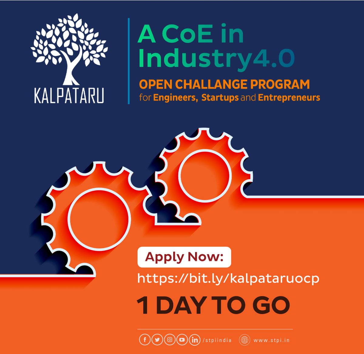 stpiindia's tweet image. Hurry up! Only 1 day to go! Don&apos;t miss this unique opportunity. Participate in #OpenChallengeProgram of STPI #KALPATARU_COE in #Industry4.0 to solve industrial problems &amp;amp; avail the financial assistance/funding. #STPIINDIA #STPICoEs @KALPATARU_COE @_DigitalIndia @STPIVizag