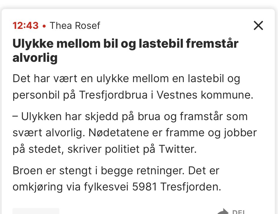 Politiet har begynt å bruke uttrykket «framstår som» i alle typer Twitter-meldinger. Og nettavisene siterer. Dette er språklig dill-dall, slutt med det! Når bro stenges etter kollisjon, er det jo pr definisjon en alvorlig ulykke. Skjermdump: <a href="/vgnett/">VG</a>