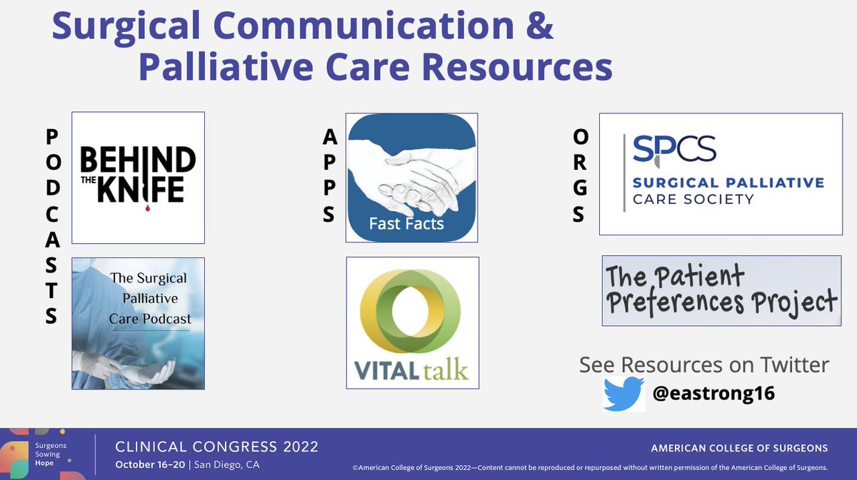 At the #ACSSS2022 this year, I had the chance to talk about lessons I'm learning in Palliative Medicine fellowship about communicating prognosis, with Drs. Timothy Siegel, Kathleen LaVorghna, @karynbutler60, and @RedMDND. I promised to share some resources.