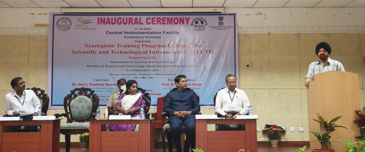 hinudi's tweet photo. Dr. (Smt.) Tamilisai Soundarajan, Honourable Lt. Governor of Puducherry, and Prof (Dr.) Gurmeet Singh, Honourable Vice-Chancellor of Pondicherry University, Inaugurated the “Synergistic Training Program Utilizing the Scientific and Technological Infrastructure” on 17th October22. https://t.co/3KU5rCeifI