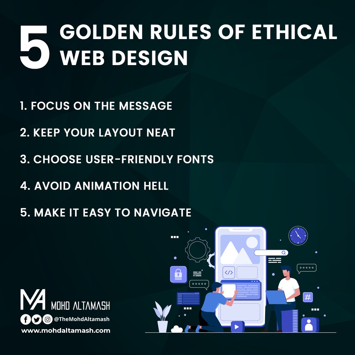 theMohdAltamash's tweet photo. 5 golden rules of ethical web design.
Contact us:- https://t.co/q6bHtWrlSH
#altamash #webdesigning #webdesigningideas #webdesign #webdesign #webdesigner #webdesignagency #webdesigners #webdesigning #webdesignanddevelopmentservices #webdeveloper #developer https://t.co/cyXHeoVYPh