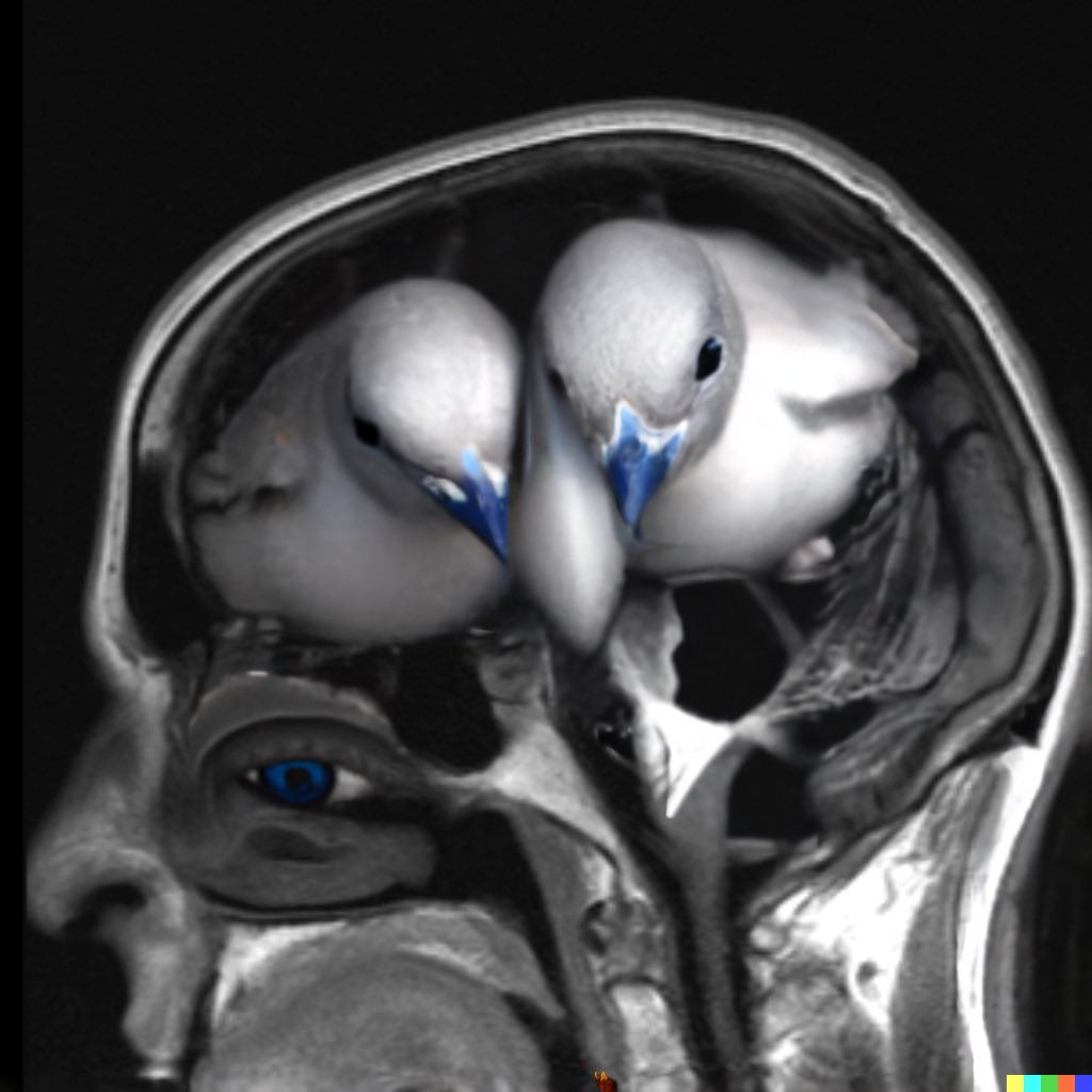 DianaDeAvilaArt's tweet photo. “Birdbrain” - quite literally! I used DALLE2 on my own MRI and in- painted the chicks and the weird eye. Sometimes it feels like they are pecking away. #aiart #dalle2 #mri #mriart #digitalart #techspressionism #surreal https://t.co/5MaJANkcvt