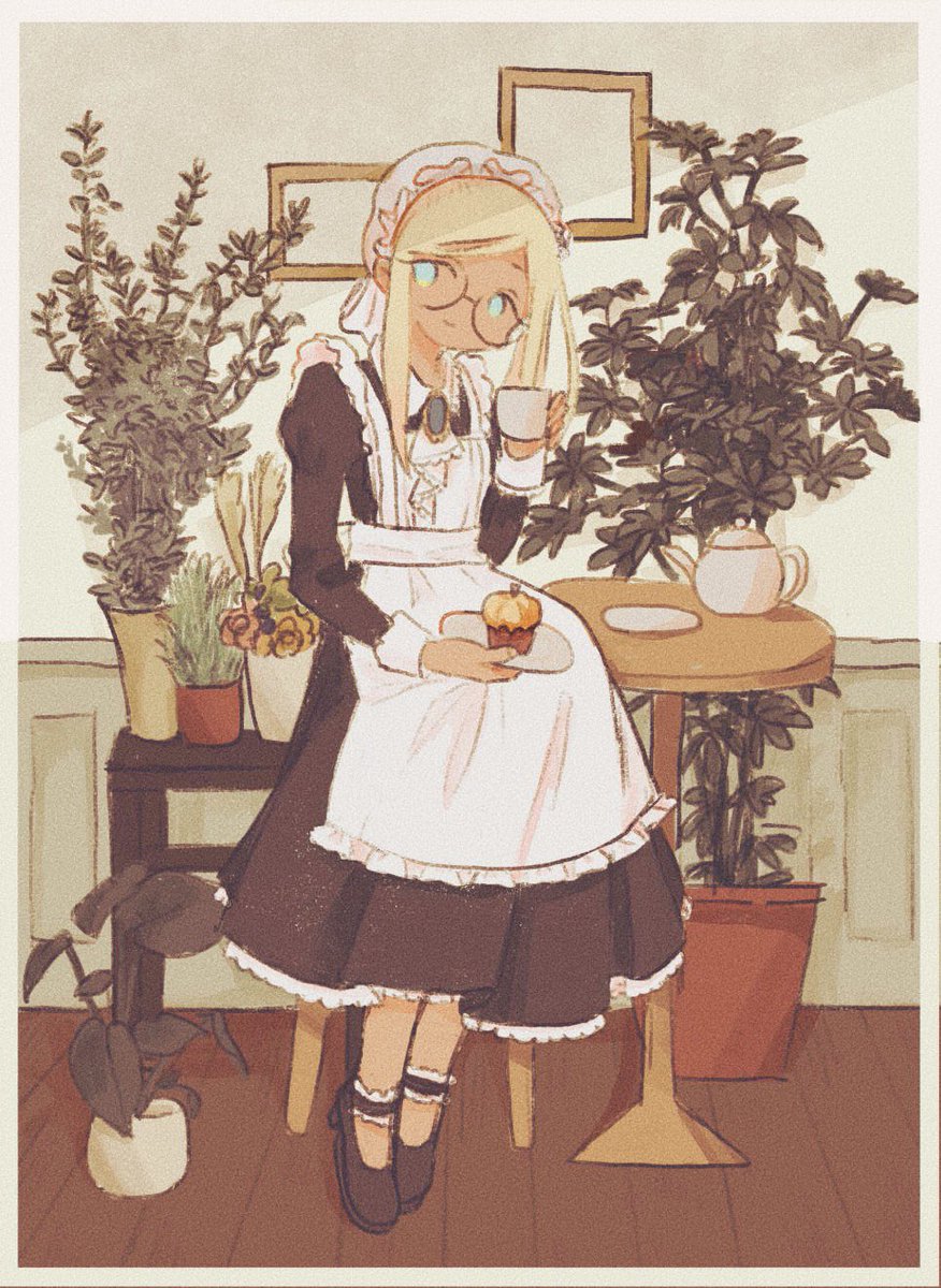 1girl solo glasses apron maid blonde hair plant  illustration images