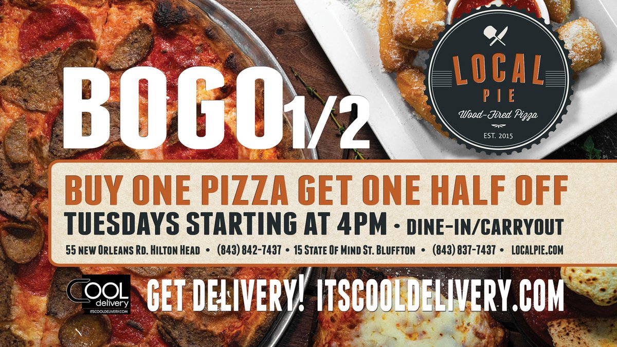 localpiebluff's tweet photo. Taco Tuesday has some competition! We're offering Buy One Get One 1/2 Off starting at 4pm. 

#bluffton #blufftonsc #loveblufftonsc #btown #localpie #pizza #lowcountry #eatlocal #supportlocal #woodfiredpizza #southcarolina #restaurant #cheapeats #mealdeal #bogoho https://t.co/RLwTNCj8vd