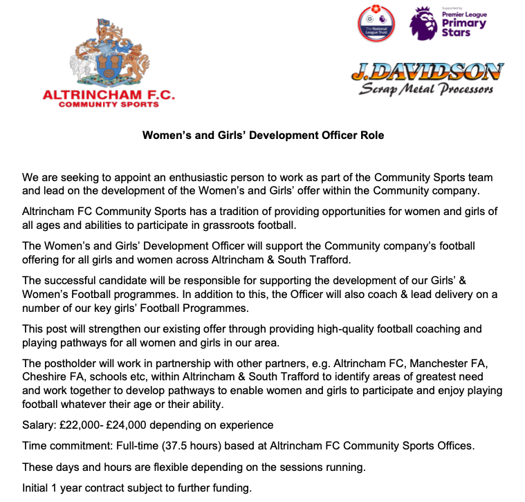 Reminder🚨

Job Vacancy: 

We are seeking to appoint an enthusiastic person to work as part of the Community Sports Team and lead on the development of Women and Girls Programmes within the Community Company.

More info here!⬇️

uk.indeed.com/cmp/Altrincham…