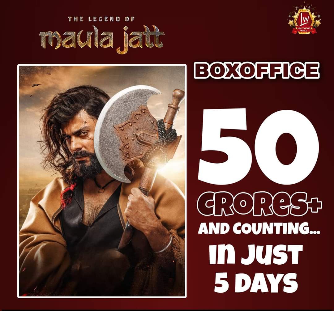 Alll_WoRLD's tweet photo. #TheLegendOfMaulaJatt is Unstoppable! 🔥

Film hits half century in just 5 days.

Source #EPK 

#MaulaJatt #MaulaJatt2022 #FawadKhan #HamzaAliAbbasi #NooriNath #GoharRasheed #HumaimaMalick #MahiraKhan #BilalLashari #AmmaraHikmat #LollywoodWorlD #BoxofficePakistan #Boxoffice https://t.co/eEMsuaD8uV