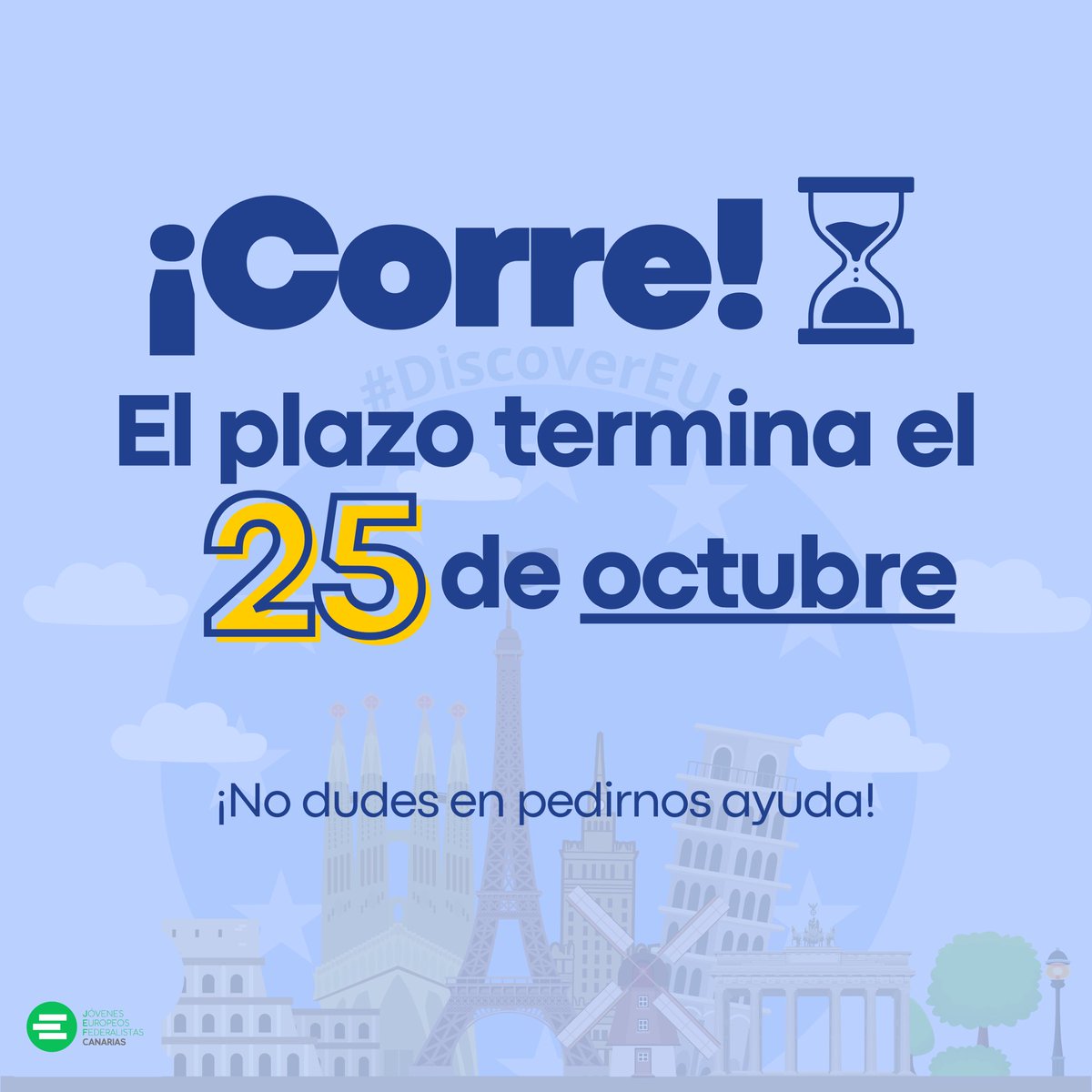 #DiscoverEU 🇪🇺

¿Tienes dudas? ¡Pregúntanos! 📥

⚠️ Pero ¡corre!, el plazo termina el 25 de octubre