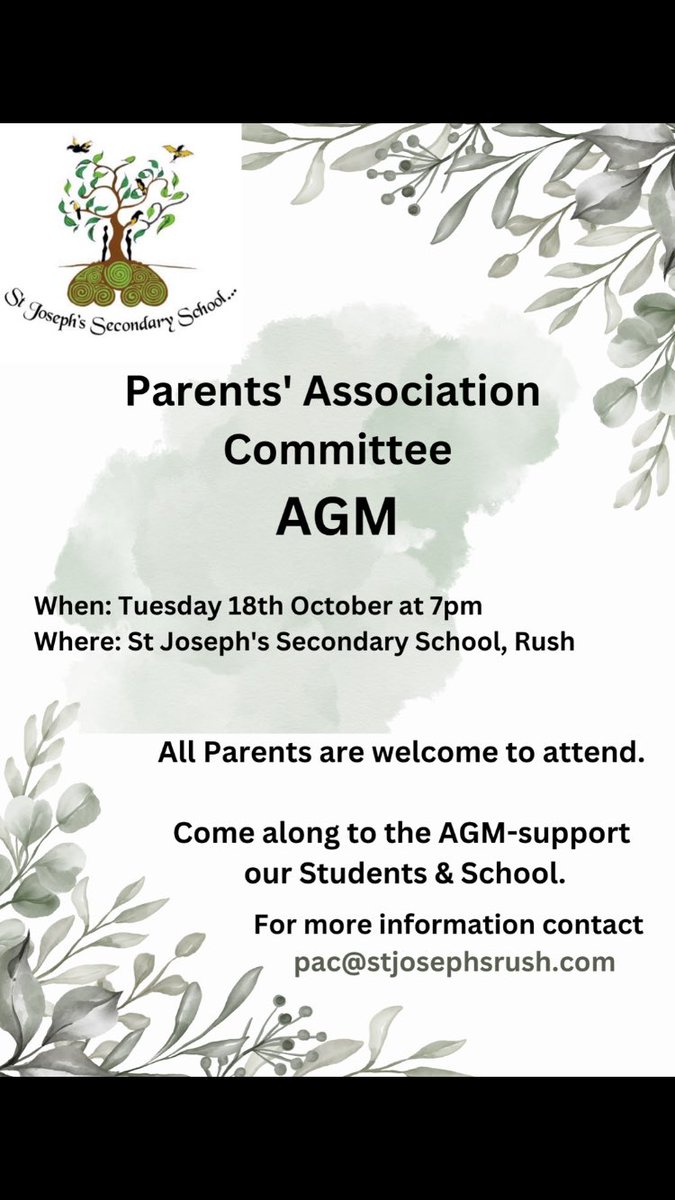 StJosephsHSCL's tweet photo. *Attention Parents* All welcome to attend the Parents’ Association Committee AGM taking place at 7pm this evening (Tue 18th Oct) in the school 🗓️@stjosephsrush @guidance_st @LouiseNiChon https://t.co/Q9FCSx9RHK