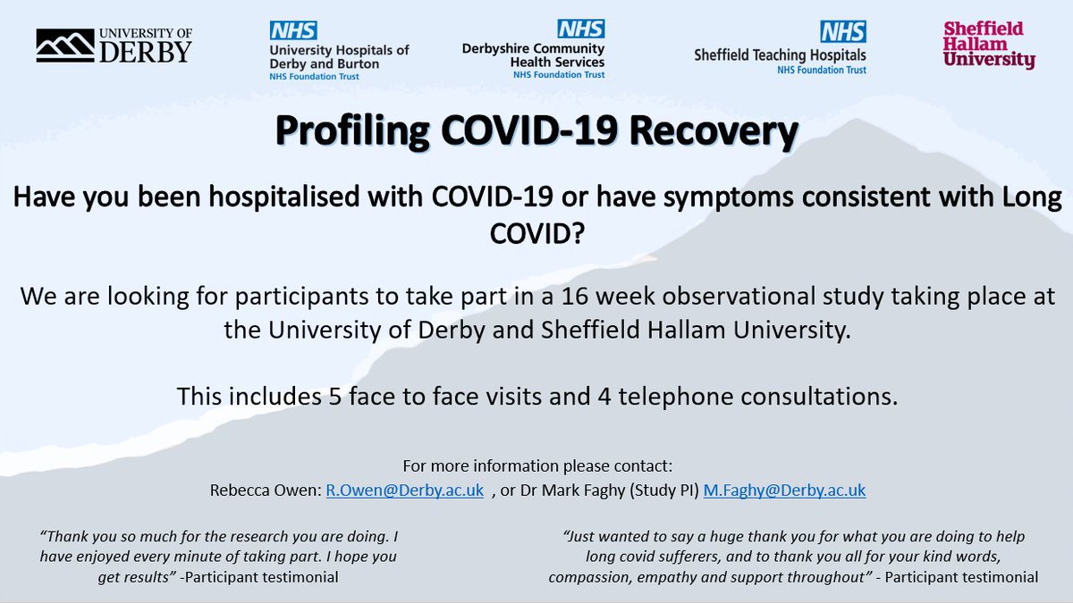 We are looking to recruit our final few participants for our cohort observation in #LongCovid patients.. do you live local to Derby/Derbyshire and Sheffield and know someone who can support us with this important research?

All expenses reimbursed.