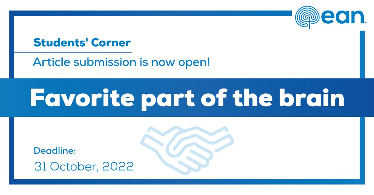 EANeurology's tweet photo. Attention #MedicalStudents! 3rd round of #StudentsCorner article submission is now open and the topic is "Favorite part of the brain". 4️⃣ selected articles will be featured on #EANpages!  

⏱️Submit your article by Oct 31 here: https://t.co/z2IuXmS4eL 

#neurology #EANmember https://t.co/RiAAUo5NLJ