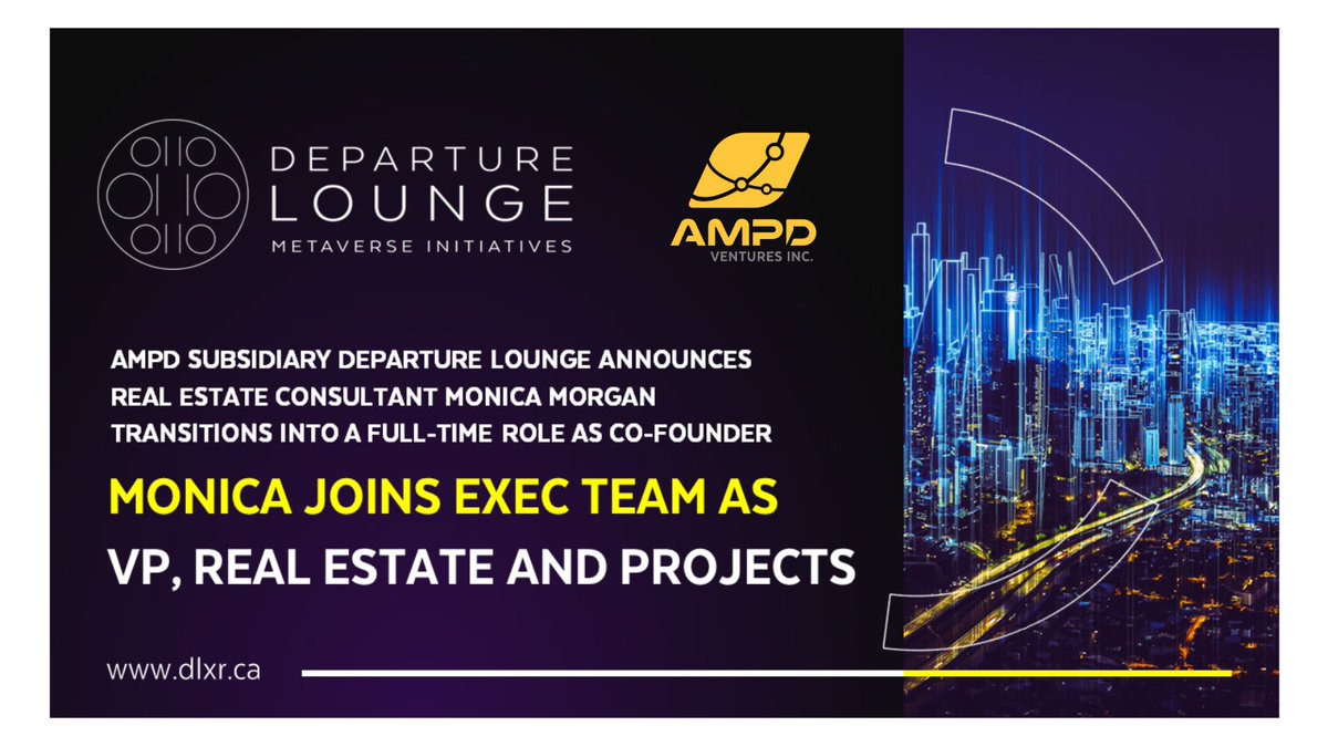 AMPD Ventures subsidiary Departure Lounge Inc. (<a href="/dlxrofficial/">Departure Lounge Inc</a>) appoints Monica Morgan, a long-term entrepreneur and public sector land and real estate development expert, as Vice President of Real Estate and Projects. 

Read the full press release here: ampd.tech/investors/news…