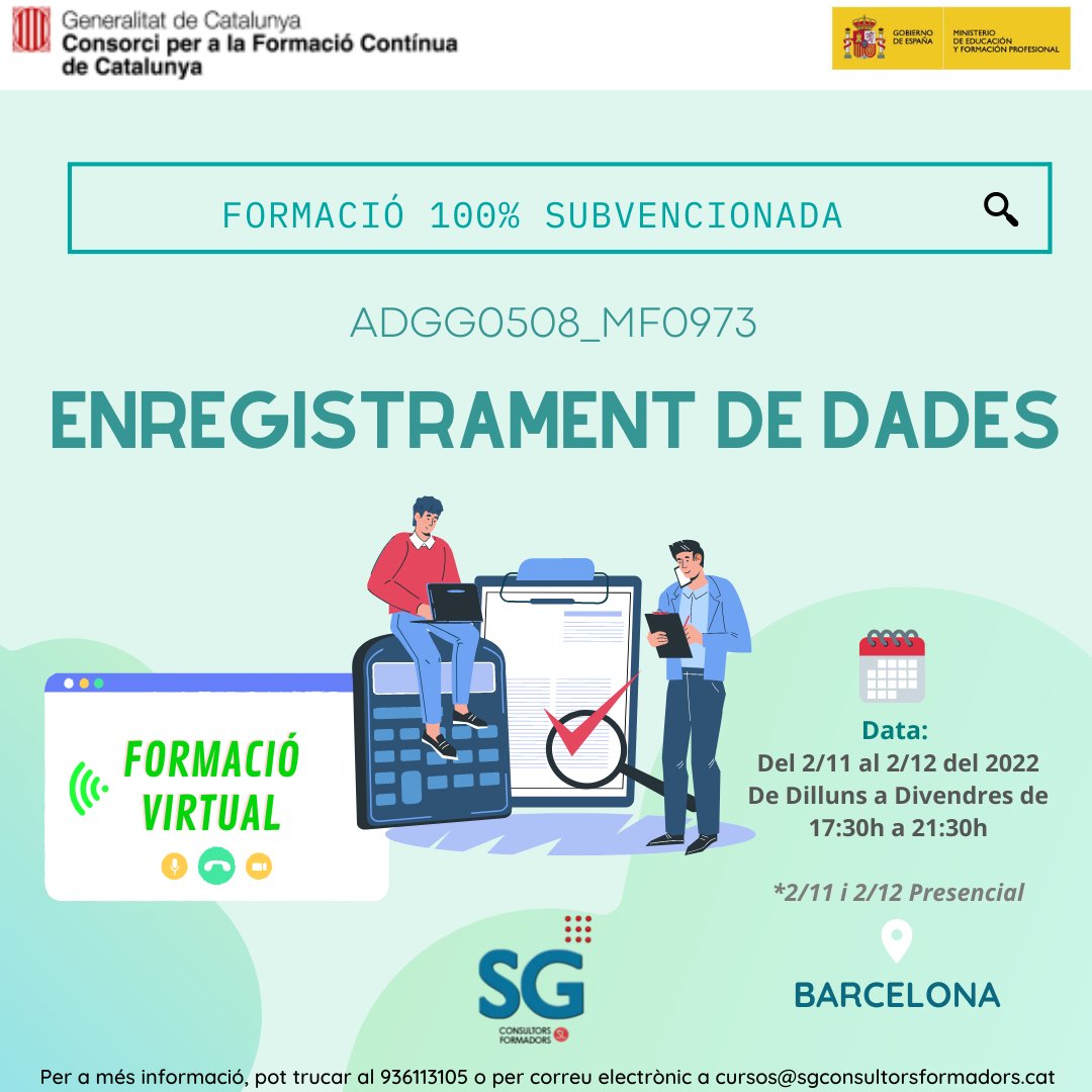 SG_Consultors's tweet photo. 📢Nova #formació #virtual en Enregistrament de Dades📚

.....

#virtuallearning #educacion #barcelona https://t.co/oiL7NVK2js