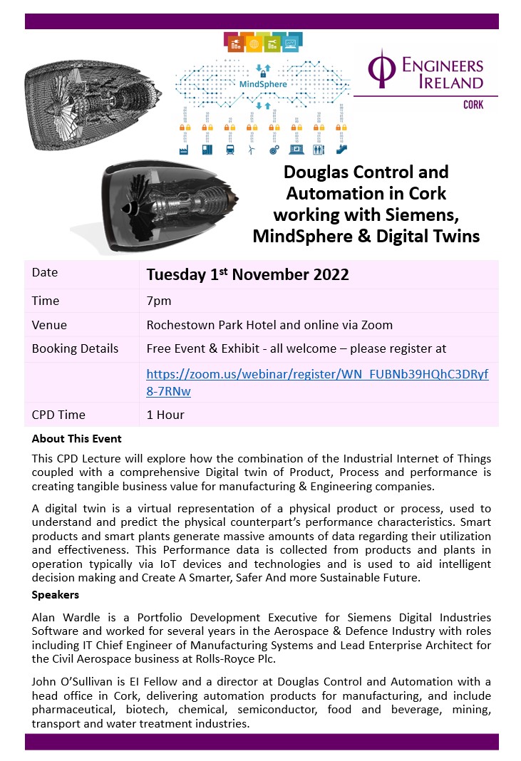 DouglasControl's tweet image. Join us on 1st Nov, at @RochestownPark for an @EngineerIreland talk.
We will explore how the combination of the Industrial IOT coupled with a comprehensive Digital twin of Product, Process and Performance is creating business value for manufacturing &amp;amp; engineering companies.