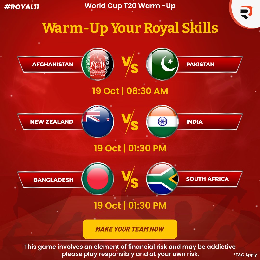 royal11official's tweet photo. 6 teams, 3 matches 1 day!🤩
This is going to be fun, Royal battle only on #Royal11 🏏
Make your team now!🤝
.
#afgvspak #indvsnz #banvssa #warmupmatch #t20worldcup #t20worldcup2022 #playandwin #prizes https://t.co/HSVzyqoaN2