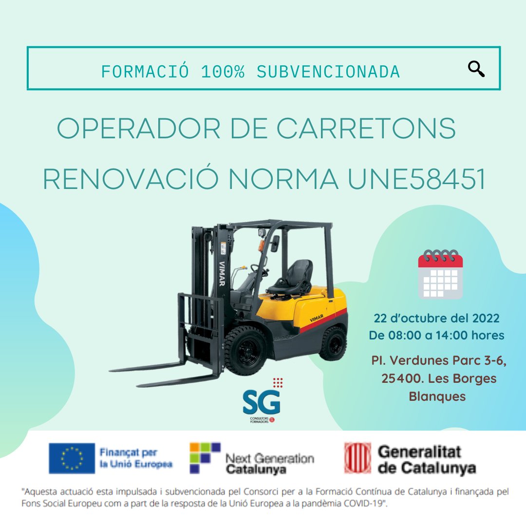 SG_Consultors's tweet photo. 📚📢Curs Operador de carretons (renovació Norma UNE58451) a #lleida #lesborgesblanques https://t.co/jXqElwDXd2