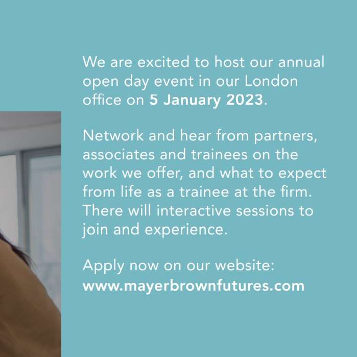 5th January 2023, we will be hosting our annual open day once again! 🎉. You will get the chance to see just what life can be like here at Mayer Brown #lifeis