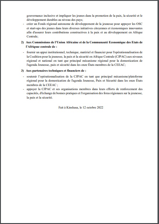 cjps_ac's tweet photo. 📋[Biennale de la culture de la Paix] @CEEAC_ECCAS 🌍🕊️

📣Voici la déclaration des organisations des jeunes ayant participé, à Kinshasa du 11 au 12 oct 22, à la biennale et au lancement officiel des activités de la CJPAC.

Bonne lecture 🤗

@BunkuluYves
@yngandu 
@AU_AYAPs https://t.co/b1SVnpyni2