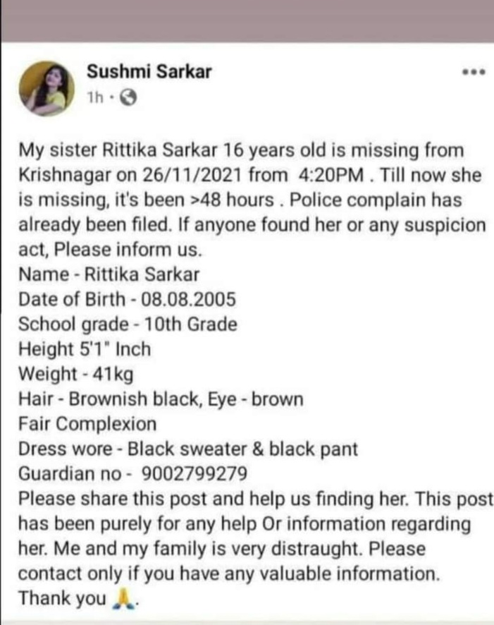 SSRSOSConnect's tweet image. Do Share This #SOS help 
#Krishnagar
Girl missing