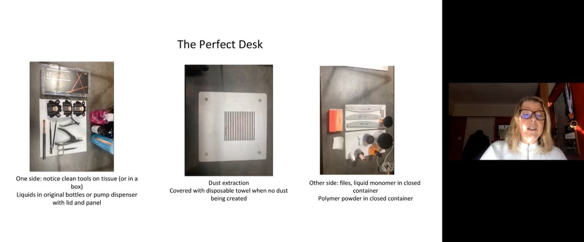 First impressions from <a href="/MarianNewman/">Marian Newman BEM</a> on inspecting a nail salon
1. Dust: “the most hazardous detail of the salon environment”
2. Desk: tool hygiene and closed containers 
3. Smell: metal, lined and lidded bins for liquids
#CIEHBeauty #PublicHealth #Beauty #CIEHEvents