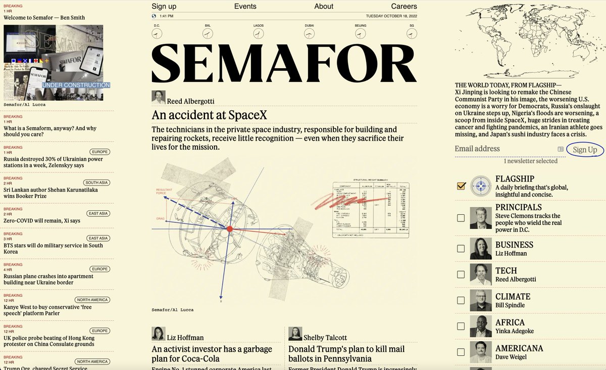 L’info média du jour : l’ambitieux nouveau site d’info américain <a href="/semafor/">Semafor</a> est enfin en ligne.

Il souhaite concurrencer les grands médias anglo-saxons avec une approche originale et une équipe chevronnée en provenance du NYT, Reuters ou Bloomberg semafor.com