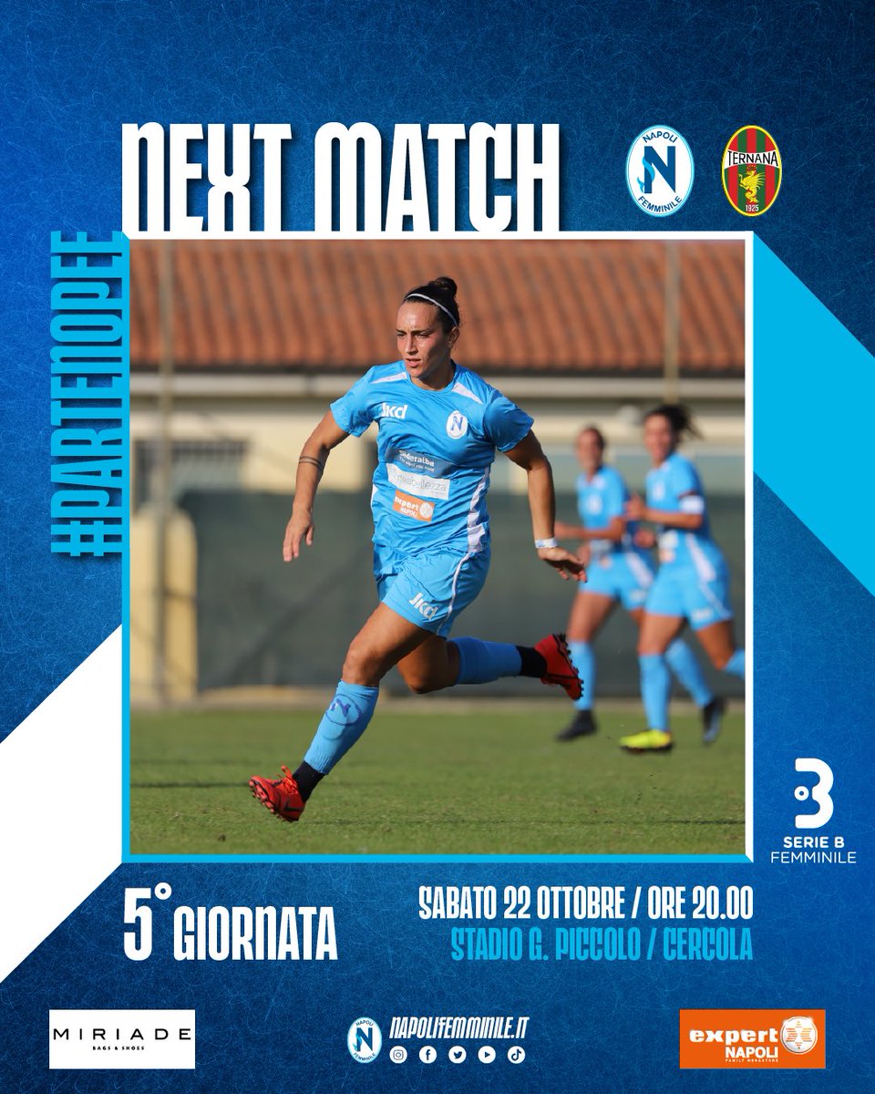 ⚽ NEXT MATCH: Napoli Femminile vs Ternana
📅 5° giornata / #SerieBFemminile

🕔 Sabato 22 ottobre / ore 20:00
📍 Stadio G. Piccolo / Cercola

🔵 INGRESSO GRATUITO
🔴 Diretta streaming gratuita su elevensports.com

#Partenopee #NapoliFemminile #ForzaAzzurre #NapoliTernana