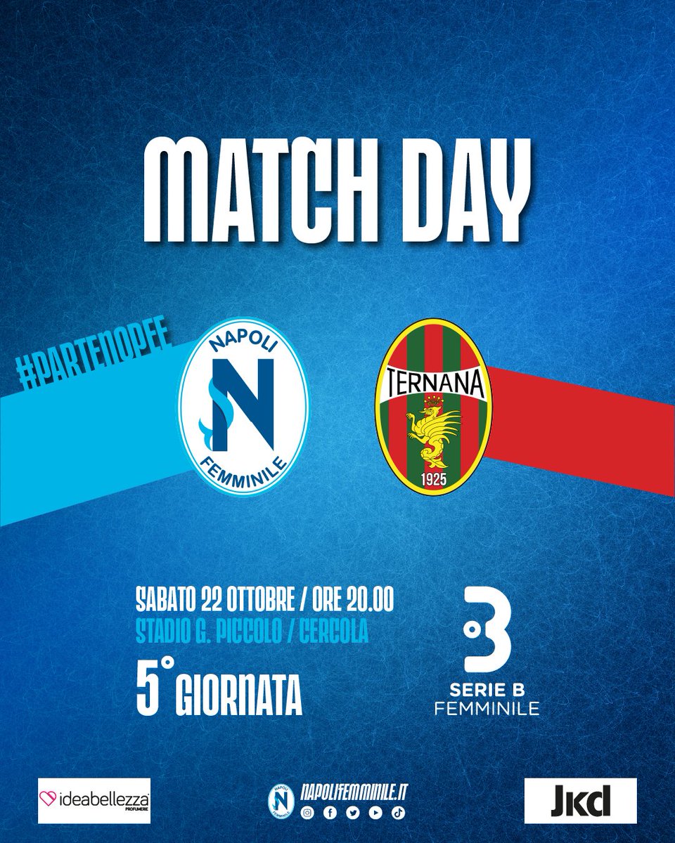 ⚽ MATCH DAY: Napoli Femminile vs Ternana
📅 5° giornata / #SerieBFemminile

🕔 Sabato 22 ottobre / ore 20:00
📍 Stadio G. Piccolo / Cercola

🔵 INGRESSO GRATUITO
🔴 Diretta streaming gratuita su elevensports.com

#Partenopee #NapoliFemminile #ForzaAzzurre #NapoliTernana