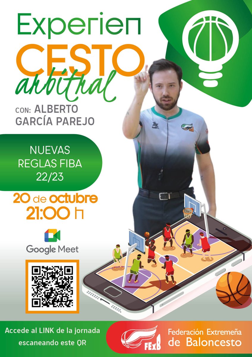 FExB's tweet photo. 📚 EXPERIENCESTO ARBITRAL

📏📖 Nuevas reglas FIBA 2022/23

🗣️ Con @albertogp66

📆 20 octubre | ⏰ 21:00

📝📲 Escanea el código QR del cartel para inscribirte

@DXTextremadura
#TeProponemosBaloncesto https://t.co/i1dNtplsFn