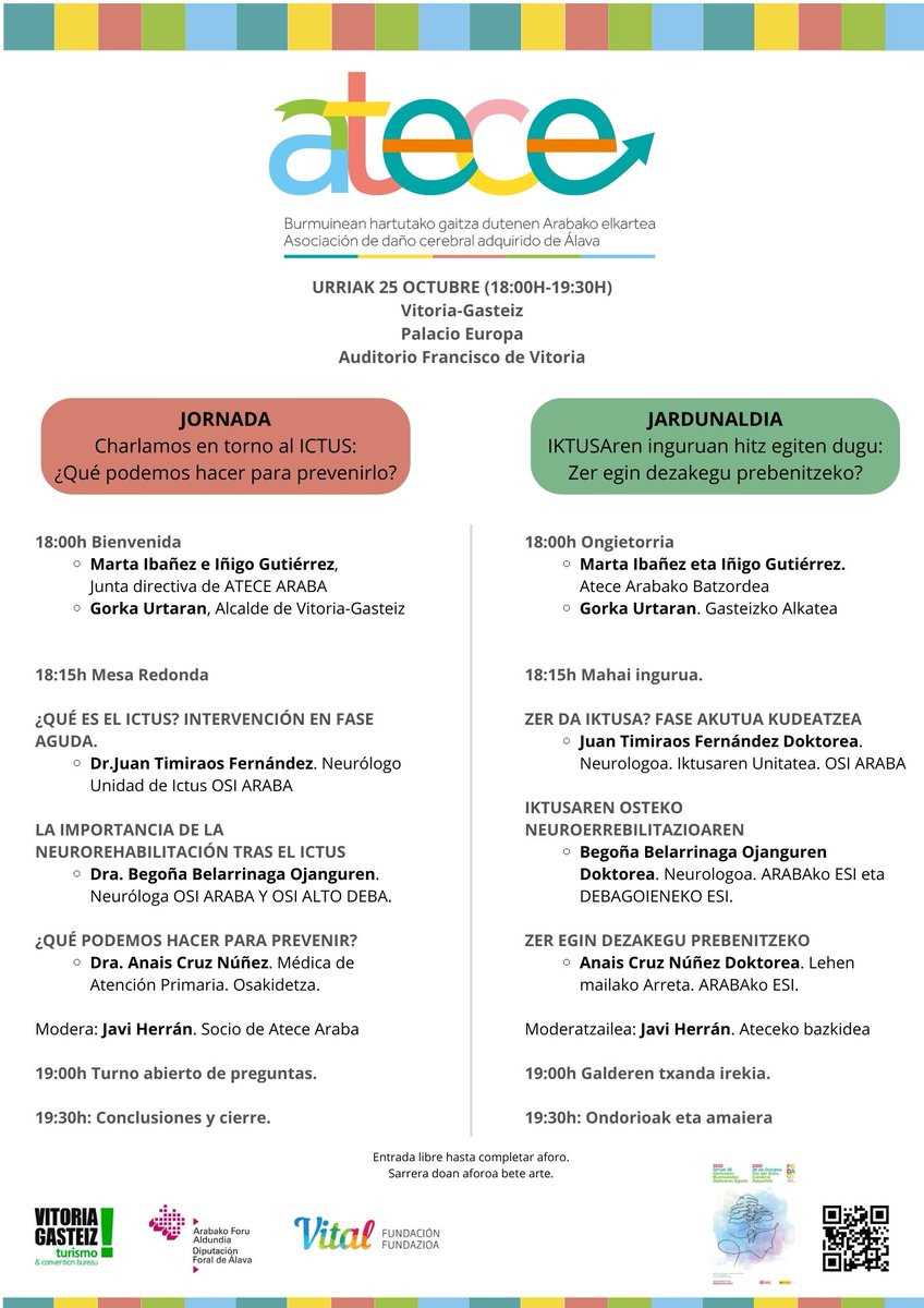 ATECEARABA's tweet photo. 📢Jornada: «Charlamos en torno al ICTUS: ¿Qué podemos hacer para prevenirlo?
¡No te la pierdas!

📅 25 de Octubre
⏰18:00h-19:30h
📌Auditorio Francisco de Vitoria en el Palacio Europa de Vitoria-Gasteiz.

#Charlamossobreictus #DCA #AteceAraba https://t.co/PvgHgmt6Wt
