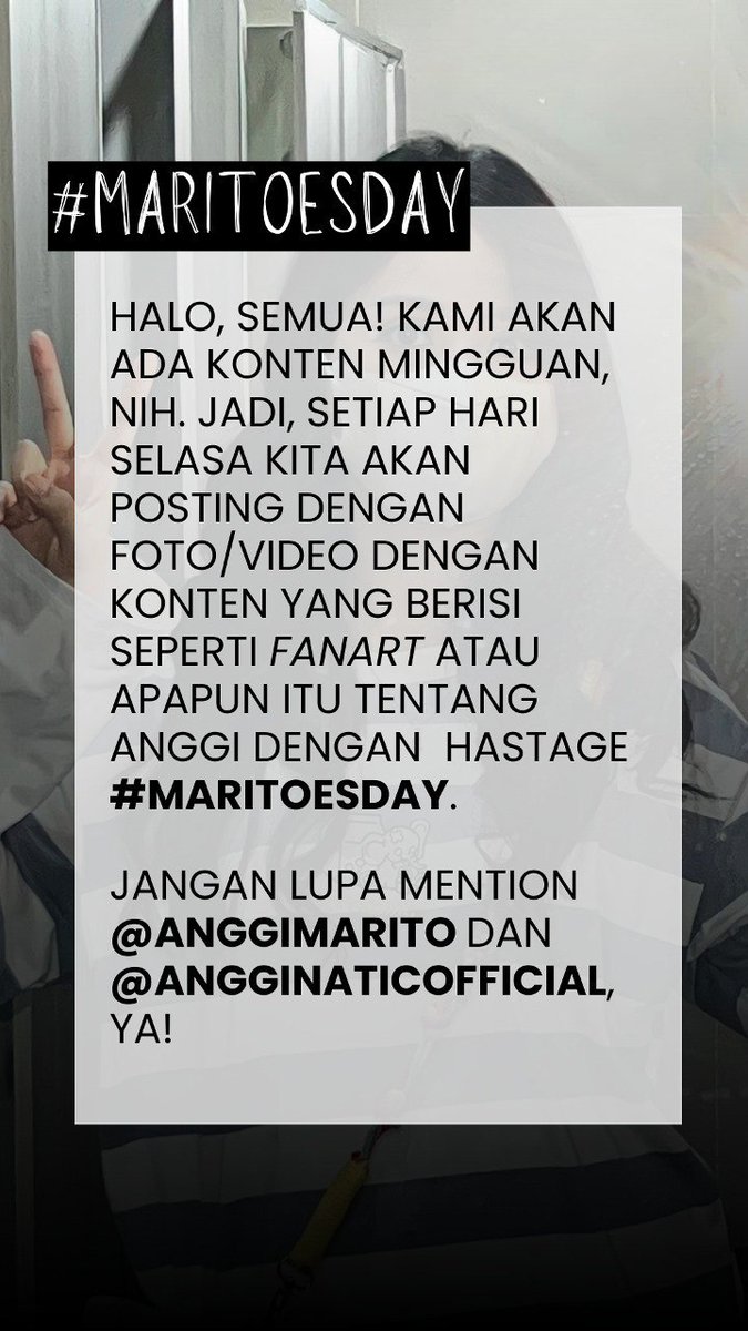 AngginaticOfc's tweet photo. Halo, semua! kami akan ada konten mingguan, nih. jadi, setiap hari selasa kita akan posting dengan foto/video dengan berisikan fanart atau apapun itu tentang Anggi dengan hastage #maritoesday.

Jangan lupa ikutan dan mention kami, ya! https://t.co/k8lrGYljkH