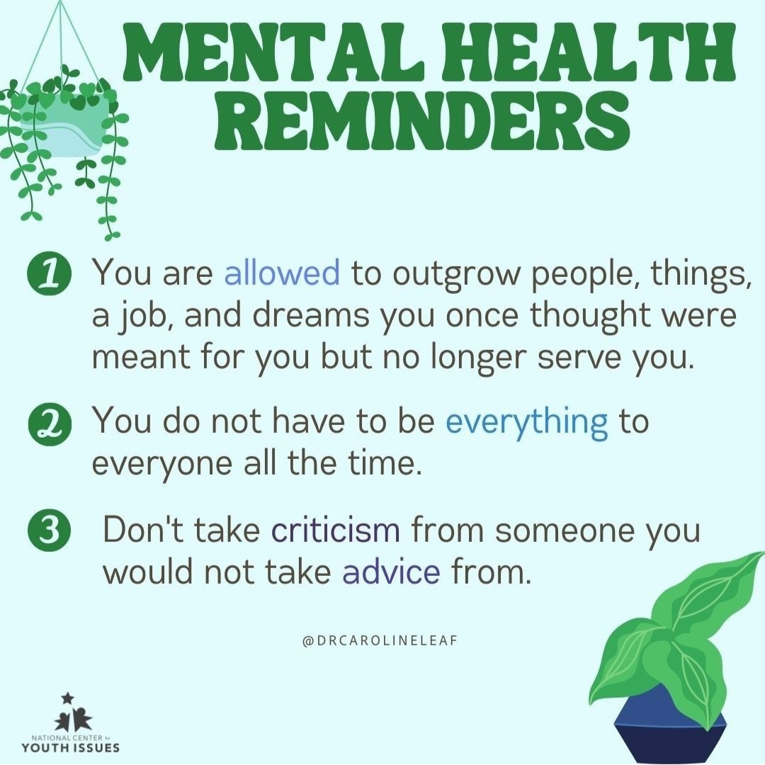 CatalanoPsych's tweet photo. Thank you to the @NCYI for the reminder that it's okay to grow and change. It's healthy to set boundaries. This reminder can help us move forward to protect and maintain our mental health. #goodadvice #mentalhealth https://t.co/WtbwfJb6RO