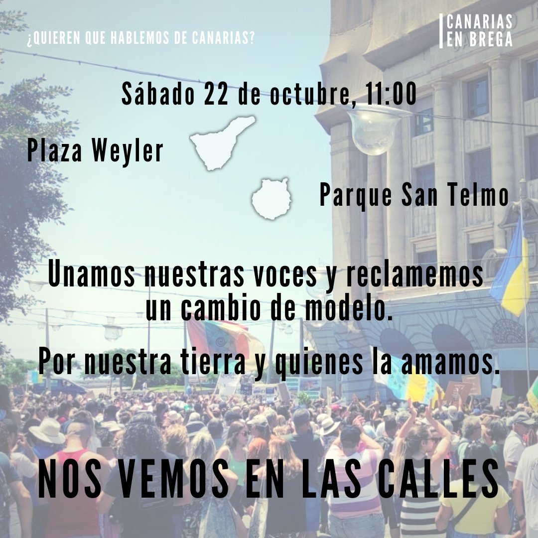 CanariasEnBrega's tweet photo. ✊ Recuperemos las calles
🗣️ Unamos nuestras voces

🆘 Salvemos Canarias 🍃

#canariasnosevende #seamaysedefiende #manifestación22oct #22OctubreporCanarias https://t.co/JYyMED9K27