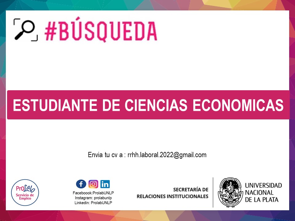 ProlabUnlp's tweet image. Requisitos:
•Estudiante de Cs. Económicas (excluyente)
•Conocimiento en carga de comprobantes (se valora)
•Conocimiento en Sistemas Bejerman, Tango, similares
•Experiencia en estudios contables. 

Envia tu cv a: rrhh.laboral.2022@gmail.com