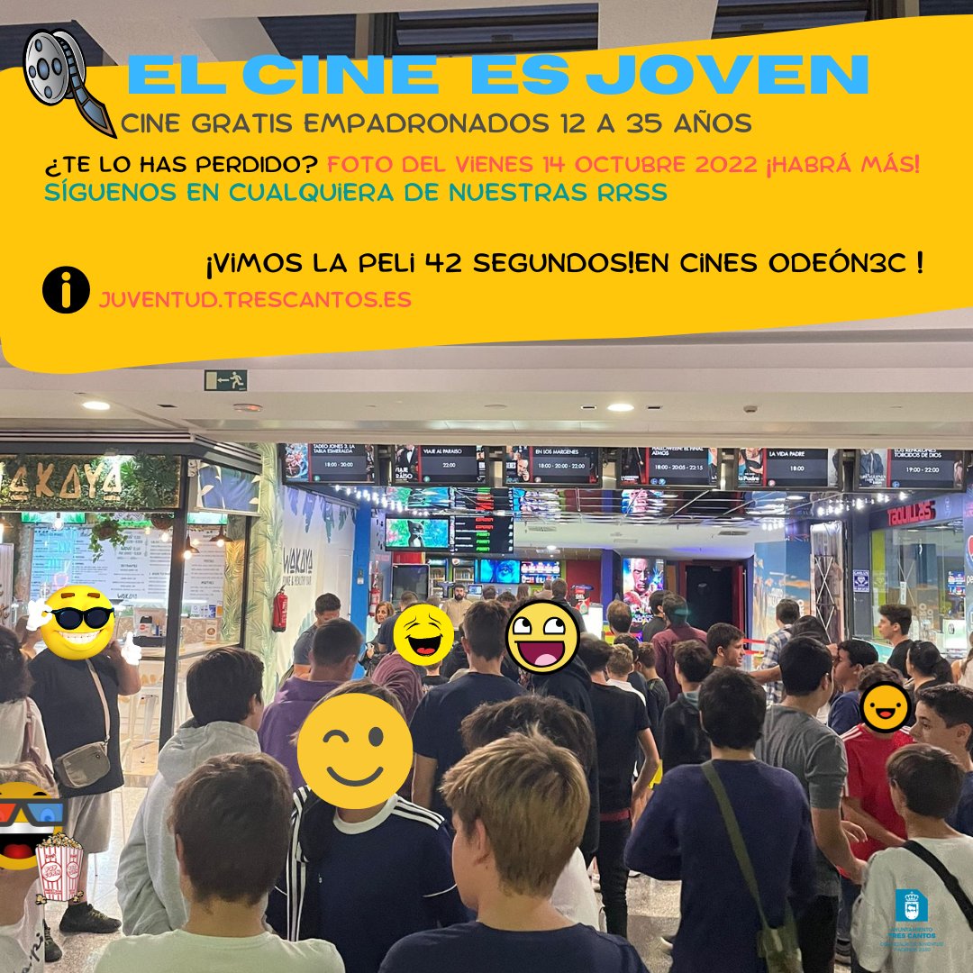 juventud3c's tweet photo. 42 segundos ¡Estuvo genial! Los empadronados de 12 a 35 años de #trescantos tenéis la posibilidad de ver una peli gratis al mes. Infórmate en www.juventud.trescantos @ayto3cantos @Odeon3C #Ocio #cultura https://t.co/ilFTG5u5Bj