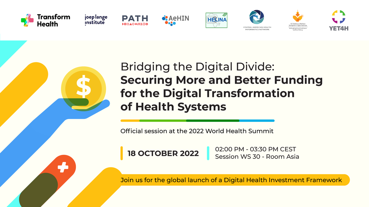 ⏲️5 mins to go Join #WHS2022 session on Bridging the Digital Divide! Hear from experts on the #DigitalHealthInvestment needed to achieve #HealthForAll. ➡️ shorturl.at/jHM49 @who @trans4m_health @joeplangeinst @pathtweets @weareaehin @recainsanetwork @gccehealth @yet4uhc