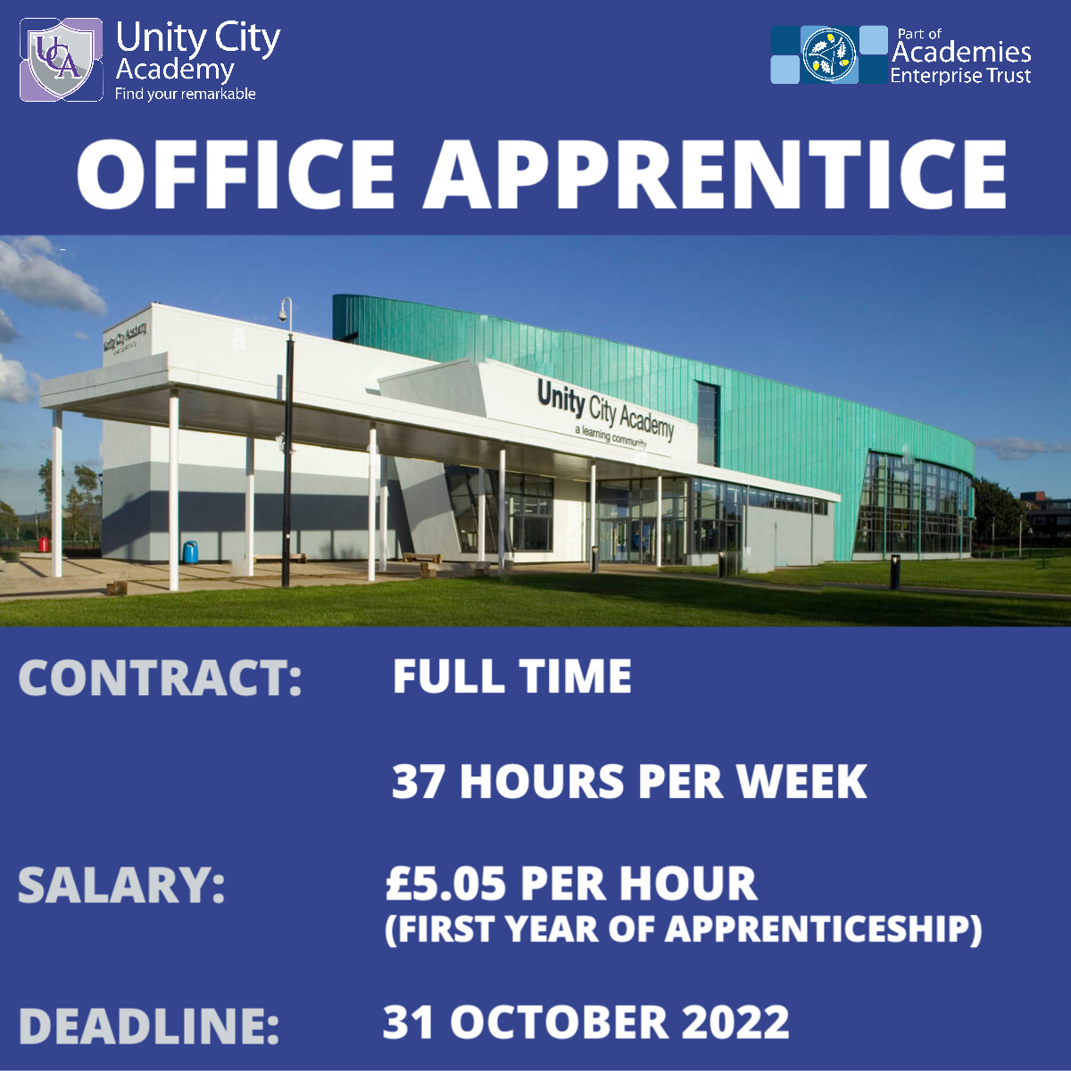 Lift_Unity_City's tweet image. The academy is seeking to appoint an Office Administration Apprentice to provide administration support.

To read more and to apply click here: tinyurl.com/3fhsrsm7

#oneaet #vaccancies #findyourremarkable #jobs