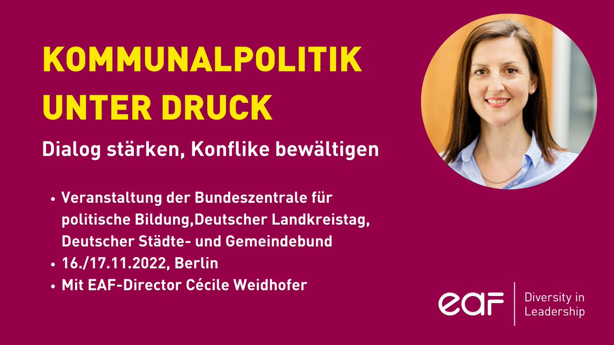 Anfeindung und Aggression - Kommunalpolitiker*innen geraten immer öfter unter Druck: Umgang und Lösungen diskutiert Tagung am 16/17.11.22 
➡️EAF-Director <a href="/cecileweidhofer/">Cécile Weidhofer</a> spricht ü Kommunale Konfliktbewältigung und #Diversität
➡️Mehr Infos &amp; zur Anmeldung: bpb.de/veranstaltunge…