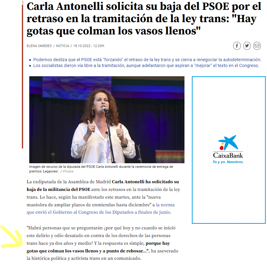 ForDummiesQueer's tweet photo. Sobre su baja del PSOE Antonelli dice "Habrá personas que se preguntarán ¿por qué hoy y no cuando se inició este delirio....? Y la respuesta es simple porque hay gotas ...." #StopLeyTrans #StopDelirioTrans #DIGR #NoContabanConLasMadres https://t.co/HzVQ13fxRX