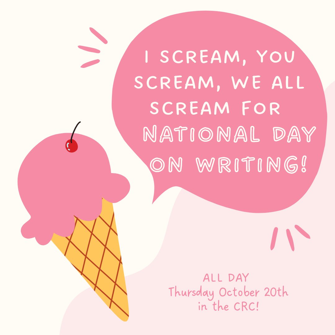 All day on Thursday, October 20th (AKA National Day on Writing) stop by the CRC to talk/write about the stand-out things your teachers did throughout your K-12 education while enjoying FREE ice cream! See you there🍦 #ElonEd