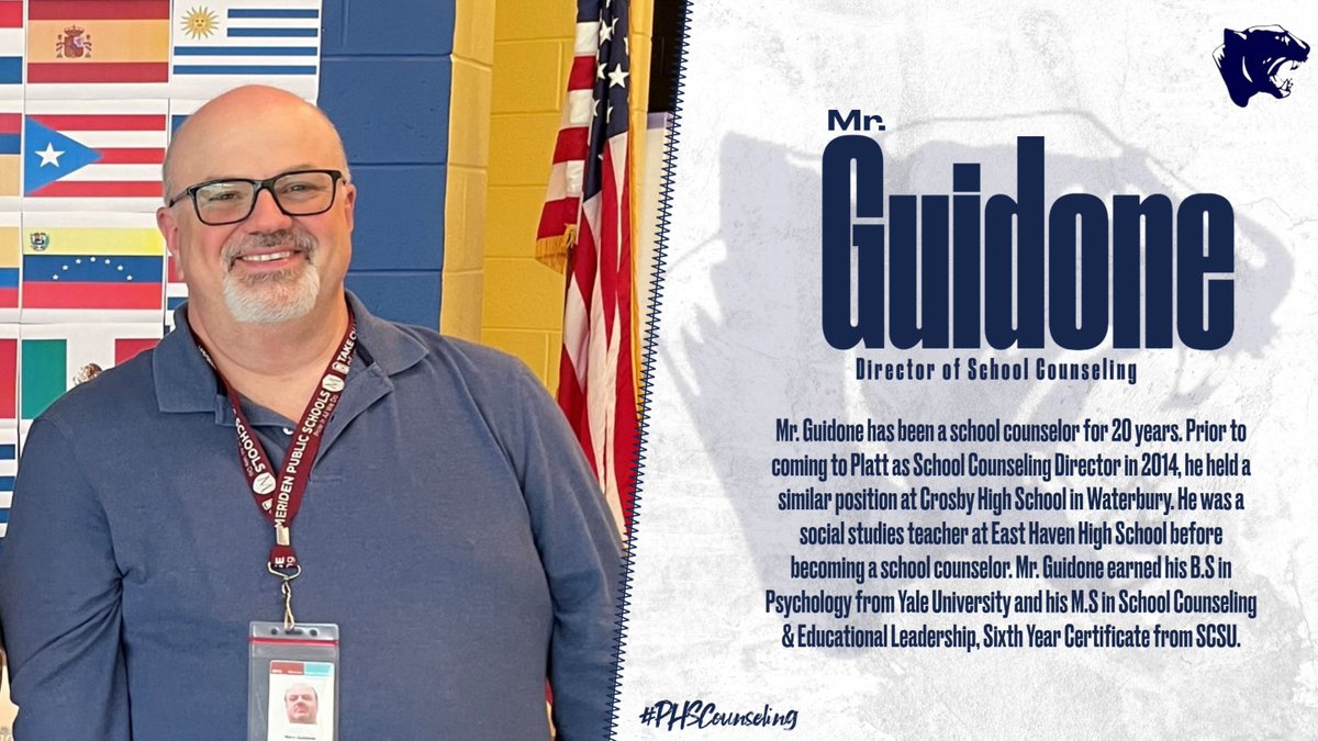Platt HS Counseling Department (@counselingplatt) on Twitter photo Meet our Director of School Counseling, Mr. Guidone! Mr. Guidone completed his undergraduate degree <a href="/Yale/">Yale University</a> and his graduate degree from <a href="/SCSU/">Southern Connecticut State University 🦉</a>. Meet our Director of School Counseling, Mr. Guidone! Mr. Guidone completed his undergraduate degree <a href="/Yale/">Yale University</a> and his graduate degree from <a href="/SCSU/">Southern Connecticut State University 🦉</a>.