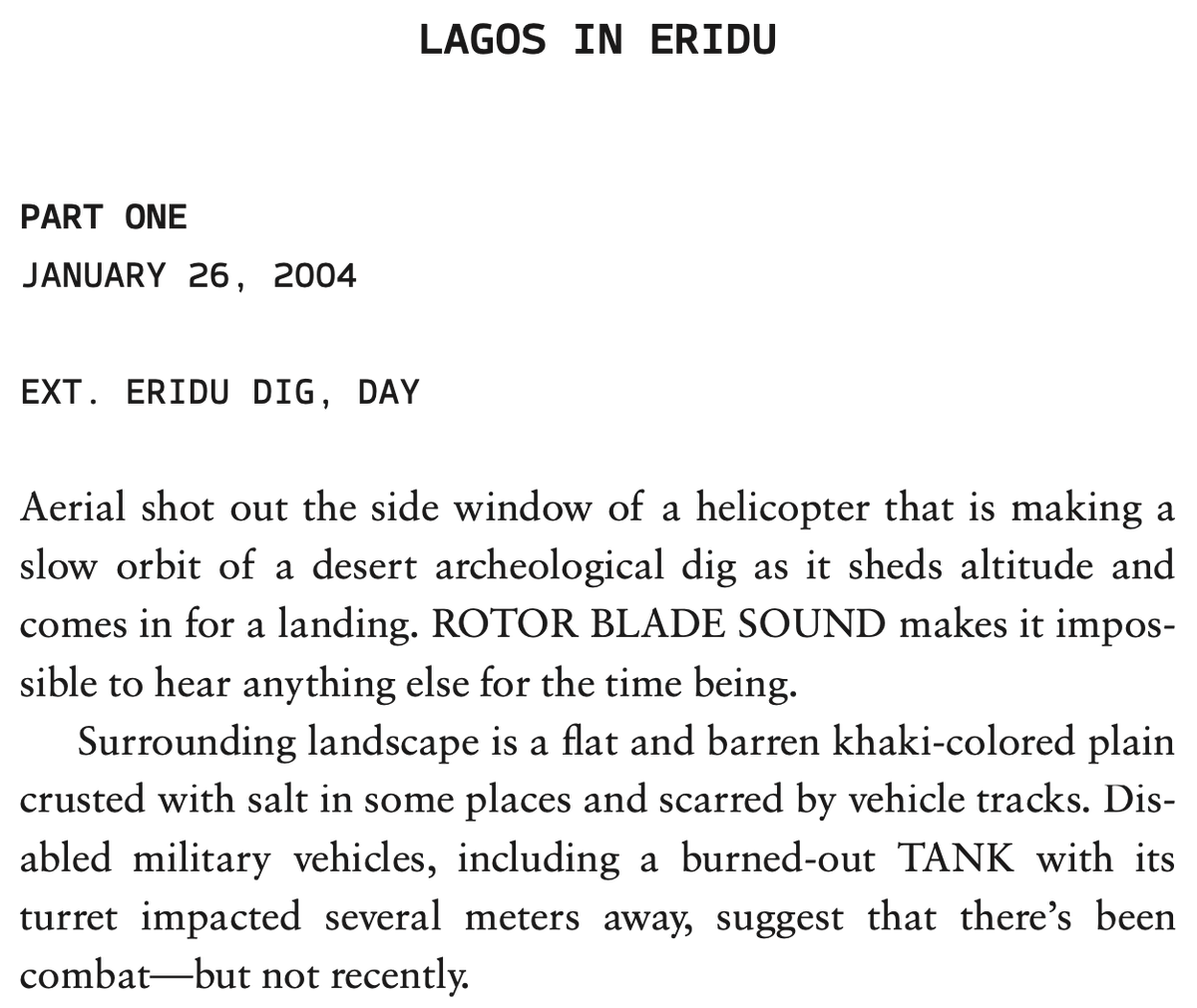 nealstephenson's tweet photo. Here's a screen grab from the new edition of Snow Crash, coming out in about a month. This is part of the new bonus material in the book: fragments of an unfinished screenplay that I wrote to amuse myself https://t.co/dq4VPbJ289 @randomhouse @DelReyBooks https://t.co/51TcGlnc2B