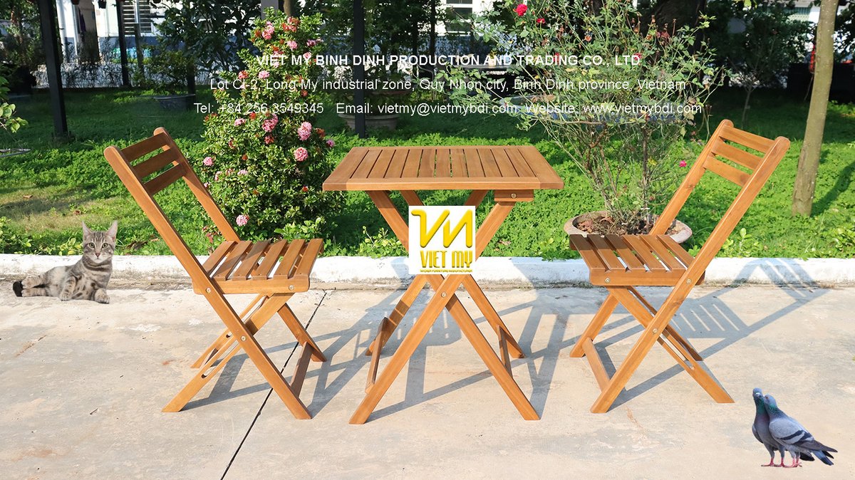 Viet My Binh Dinh: Bistro Set including 01 Square Table and 02 Folding Chairs, Acacia FSC, comfortable, easy storage #vietmybinhdinh #outdoorfurniture #bistroset