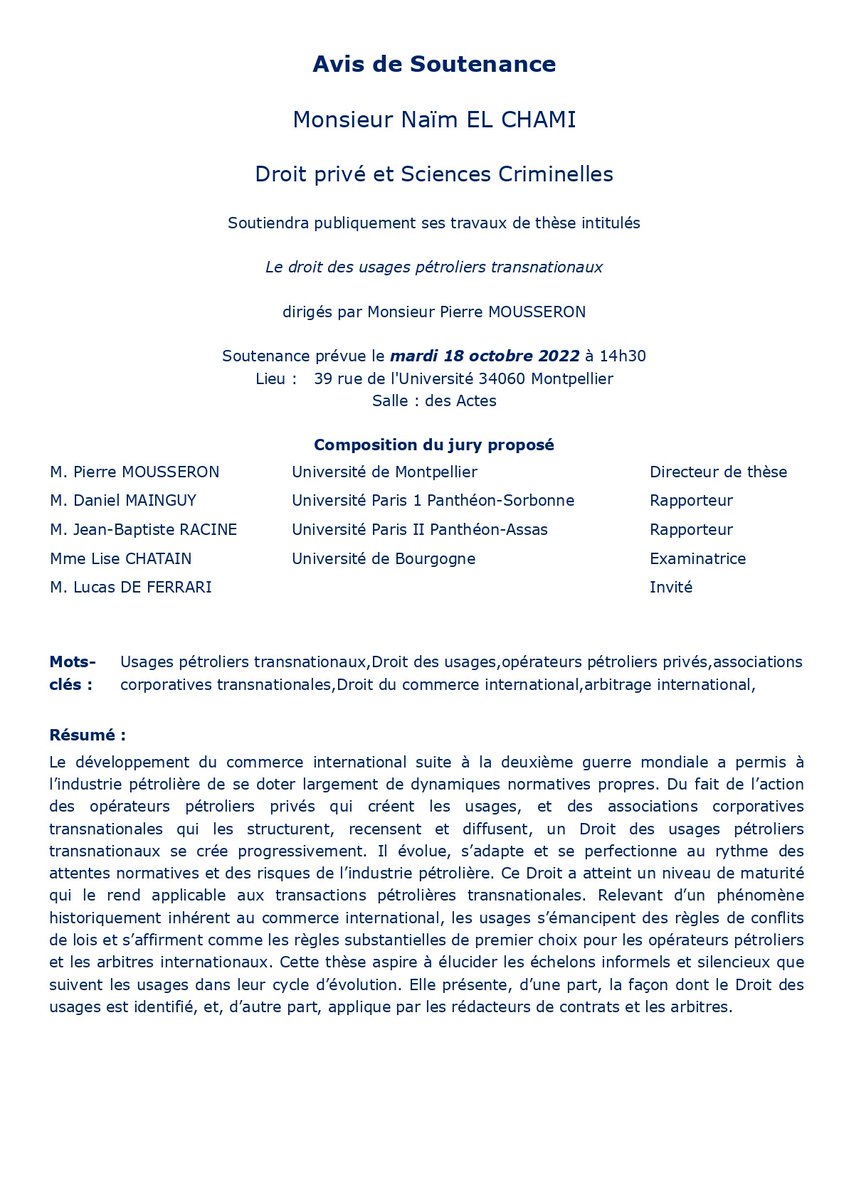 ED_DSP_UM's tweet photo. Naïm El Chami, du @cde_montpellier, soutient actuellement sa thèse portant sur "le droit des usages pétroliers transnationaux" devant un jury composé de Me L. de Ferrari et des Pr L. Chatain, @DanielMainguy, J.B Racine (en visio) et @PMousseron (dir). https://t.co/zs8vFXfsom