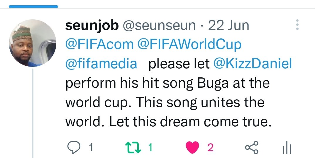 seunseun's tweet photo. @KizzDaniel I told you some months ago , you were going to perform at the world cup. https://t.co/Ot1NIO11l1
