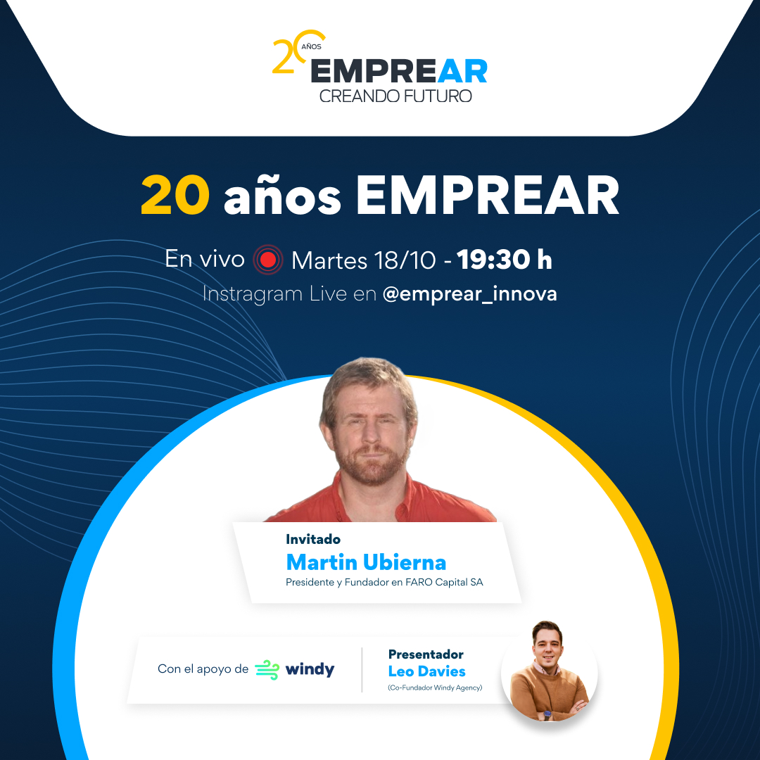 20 años EMPREAR 🥳 ¡VIVO EN INSTAGRAM! Hoy vamos a estar charlando con Martin Ubierna, emprendedor, presidente y fundador de Faro Capital. ¡Sumate en Instagarm y hacé tus preguntas en vivo! #20AñosEMPREAR #Iinstagramlive #emprendedoresargentinos #entrevista