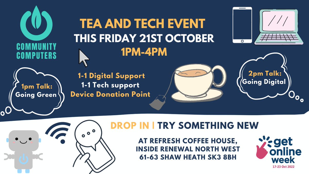 CommunityComput's tweet photo. Please share with family, friends and those who might like to know more about the digital support available.
At 2pm on Friday we'll be talking about "Why going digital can make all the difference" with @startpointsk6
#GetOnlineWeek #DigitalInlcusion #DonateYourTechForReuse https://t.co/PsX3APc0VO